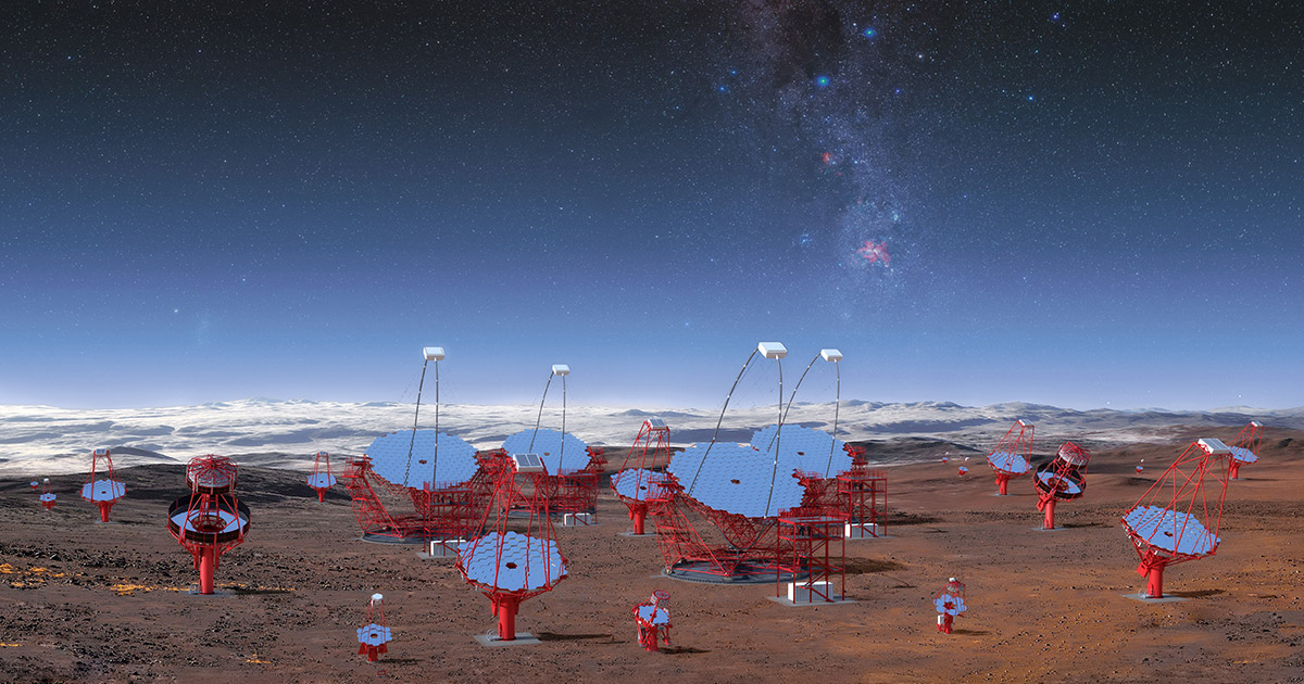 Rendering delle tre classi di telescopi previste per il sito sud del Cherenkov Telescope Array. Crediti: CTA/M-A. Besel/IAC (G.P. Diaz)/ESO