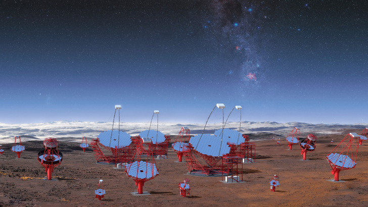 Rendering delle tre classi di telescopi previste per il sito sud del Cherenkov Telescope Array. Crediti: CTA/M-A. Besel/IAC (G.P. Diaz)/ESO